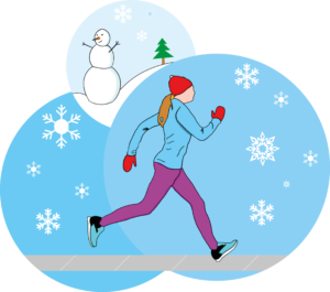 Winter fitness graphic of woman running and snowman