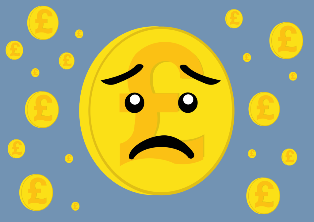 Coin with a sad face, worried about financial issues.