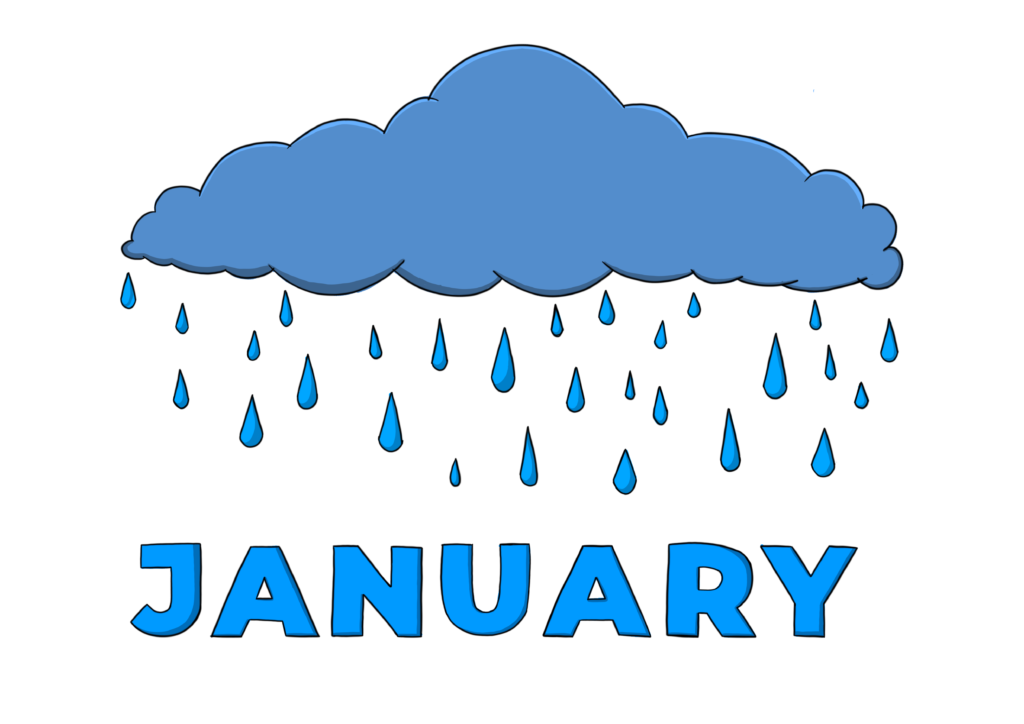 January Blue. Raincloud over the word "January"