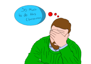 Stress over Christmas. Man stressed over Christmas speech bubble. 