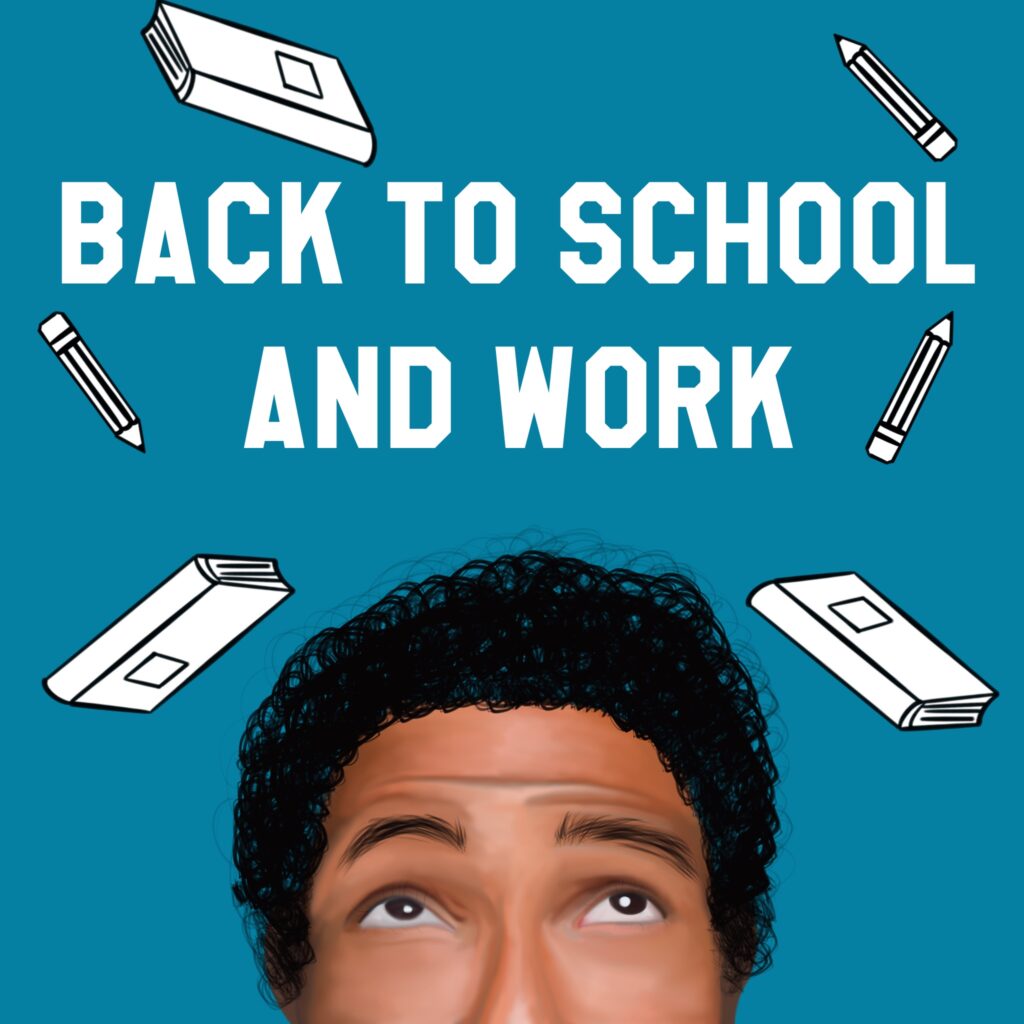 Going back to school and work poster. person looking up towards books and pencils.