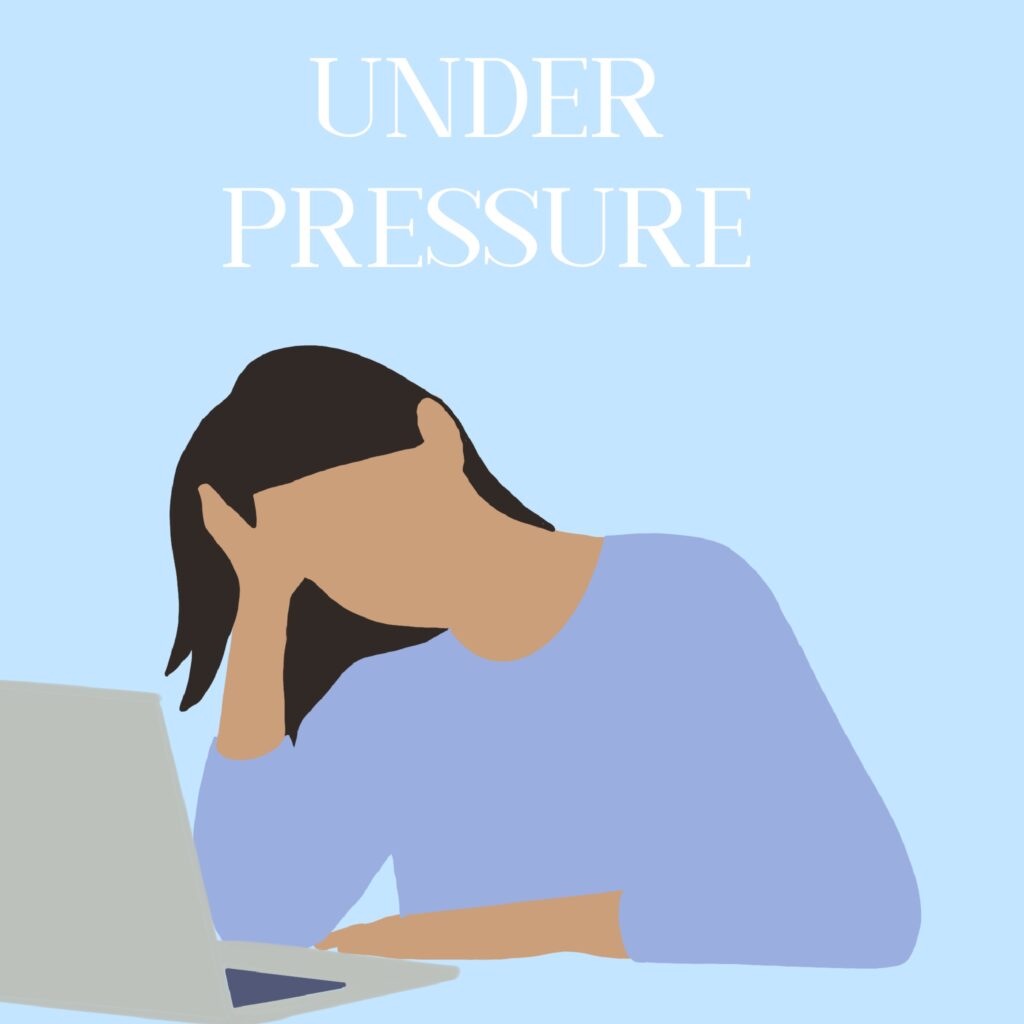 Under pressure. Woman stressed in front of her laptop. How to destress.