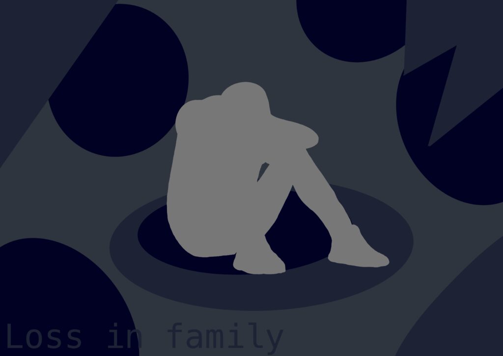 Silhouette of a person sat with their knees up to their head. Coping with loss in the family.