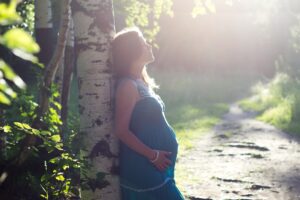 Anxiety while breathing. Pregnant woman breathing. 